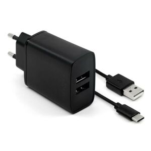 FIXED Sieťová nabíjačka USB-C 15W Smart Rapid Charge čierna - Univerzálny 2xUSB adaptér s USB-C káblom