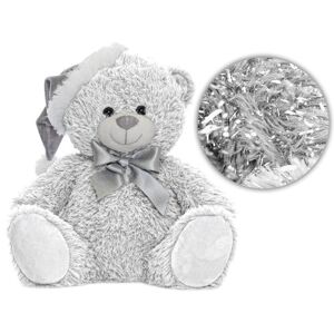 MIKRO -  Medveď plyšový 25 cm biely sediaci s čiapkou a mašľou 35097 - plyšová hračka