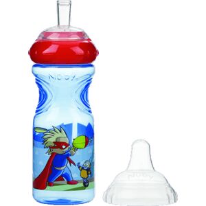 NUBY Netečúca fľaša so silikónovým náustkom 300 ml, 9 m +, modrá s červeným viečkom – superhrdina ID1230brs