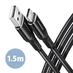 AXAGON opletený kábel USB-C 3A 1.5m čierny BUCM-AM15AB - Dátový a nabíjací kábel USB