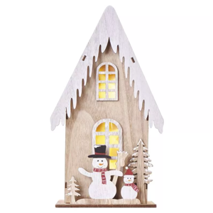 Emos LED dekor. drevená – dom so snehuliakmi, 28,5 cm, 2x AA, vnútorná, teplá biela, časovač - Vianočná dekorácia