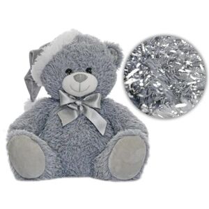 MIKRO -  Medveď plyšový 25 cm sivý sediaci s čiapkou a mašľou 35096 - plyšová hračka
