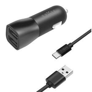 FIXED Autonabíjačka USB-C 15W Smart Rapid Charge, čierna - Univerzálny 2xUSB adaptér do auta s USB-C káblom