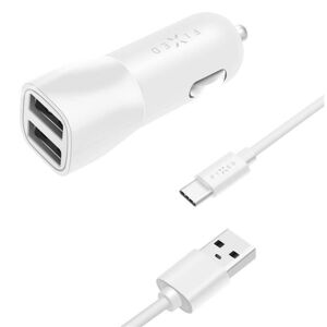 FIXED Autonabíjačka USB-C 15W Smart Rapid Charge, biela - Univerzálny 2xUSB adaptér do auta s USB-C káblom