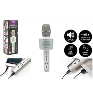 Teddies Mikrofón karaoke Bluetooth strieborný na batérie s USB káblom v krabici 10x28x8,5cm 00850438